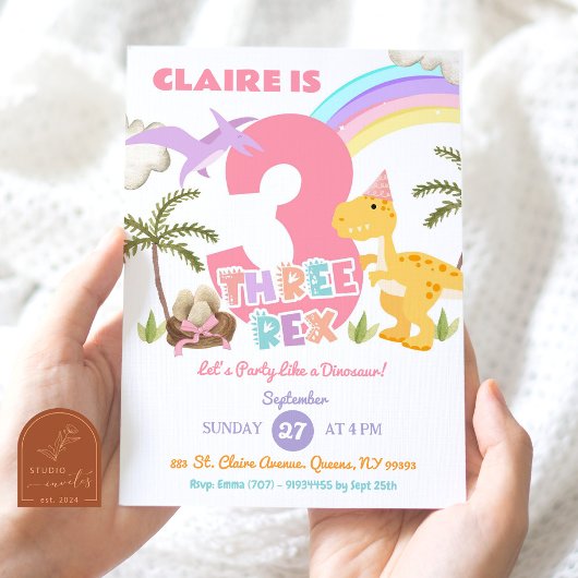 Invitation Pastel Girl Dinosaur Trois Rex fête d'anniversaire