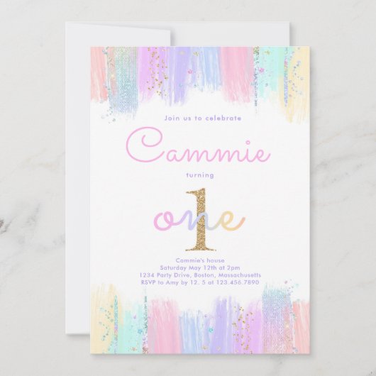 Invitation Pastel Gold Rainbow 1er Anniversaire Fête Invitati (Devant)