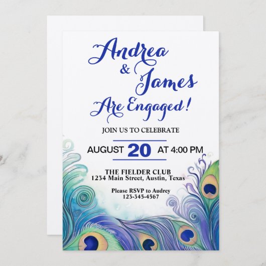 Invitation Pastel Green et Peacock Feathers Engagement Party (Devant / Derrière)