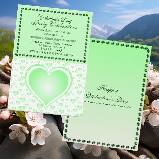 Invitation Pastel Green Raining Hearts Saint Valentin