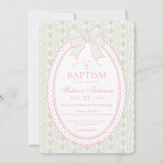 Invitation Pastel Green Vintage Fancy Floral Baptism (Devant)