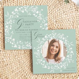 Invitation Pastel Green White Fleur sauvage Wreath Graduation