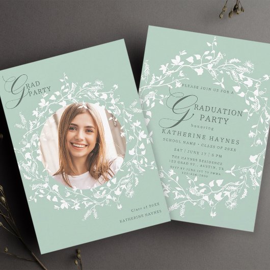 Invitation Pastel Green White Fleur sauvage Wreath Graduation
