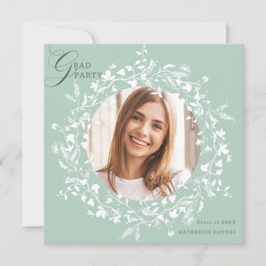 Invitation Pastel Green White Fleur sauvage Wreath Graduation (Devant)