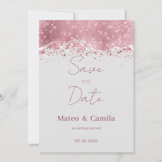 Invitation Pastel gris rose or argent parties scintillant Enr (Devant)