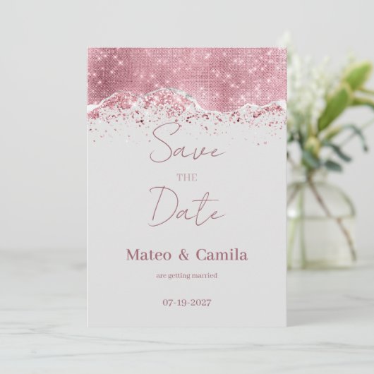 Invitation Pastel gris rose or argent parties scintillant Enr (Debout devant)