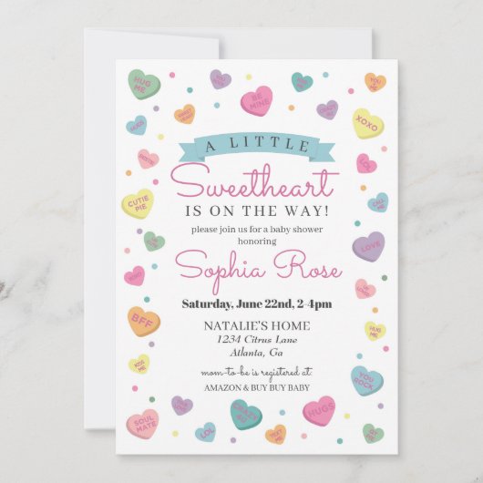 Invitation Pastel Heart Sweetheart February baby shower Girl (Devant)