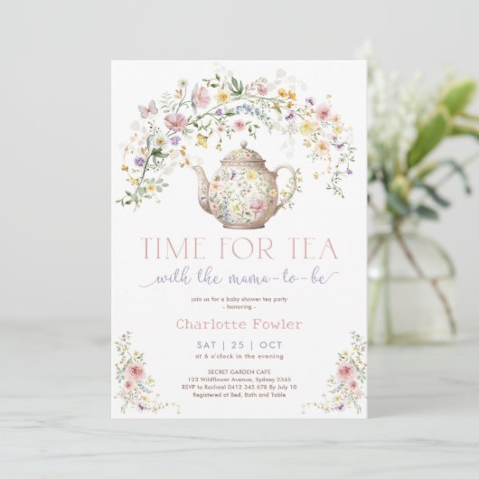Invitation Pastel Heure Fleur sauvage pour Tea Baby shower Pa (Debout devant)