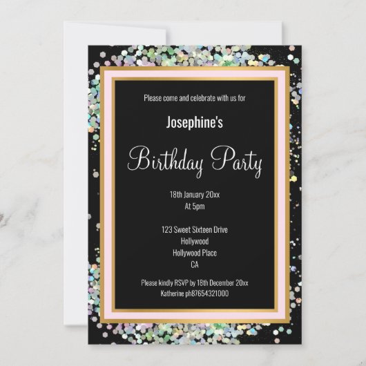 INVITATION PASTEL HOLOGRAPHIQUE DOUBLE ROSE NOIRE OR ANNIVERS (Devant)