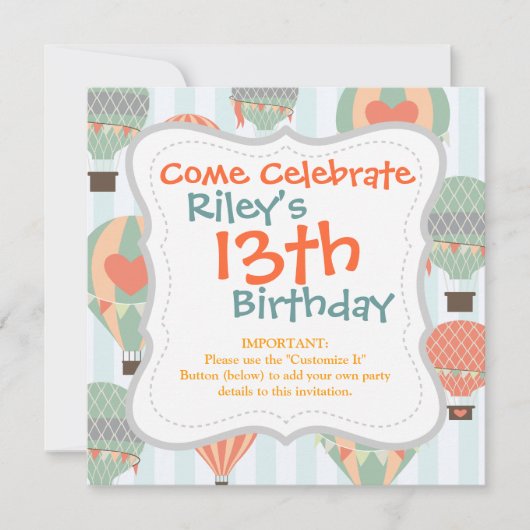 Invitation Pastel Hot Air Balloons se lèvent sur Blue Stripat (Devant)
