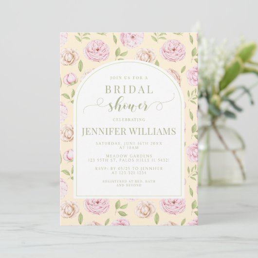 Invitation Pastel Jaune Rose Floral Boho Arch Fête des mariée (Debout devant)