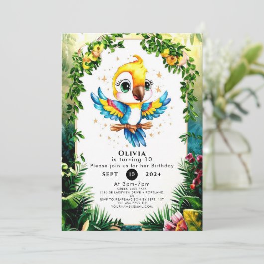 Invitation Pastel Jungle Parrot Anniversaire (Debout devant)