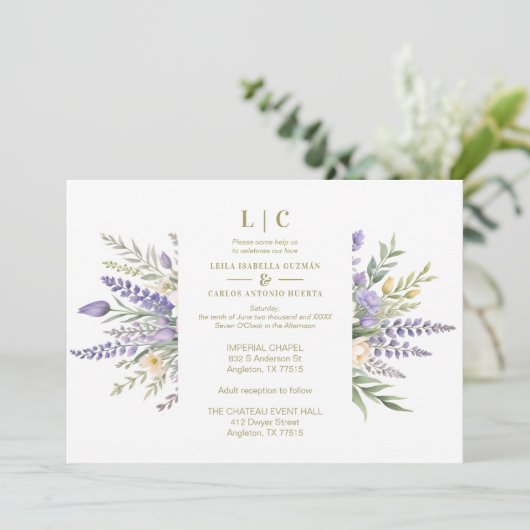 Invitation Pastel Lavender Flowers & Greenery Elegant Spring  (Debout devant)