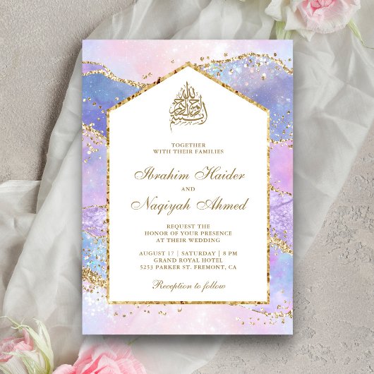 Invitation Pastel Lavender Gold Marble Arch Mariage musulman