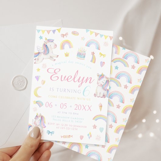 Invitation Pastel magique unicorn arc-en-ciel fille anniversa