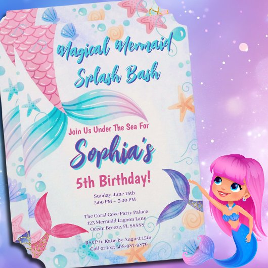 Invitation Pastel Mermaid Queue Aquarelle Anniversaire
