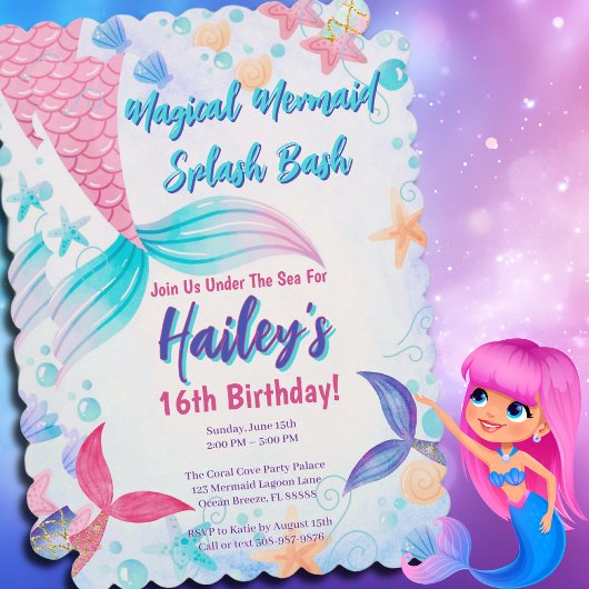 Invitation Pastel Mermaid Tails Aquarelle Anniversaire