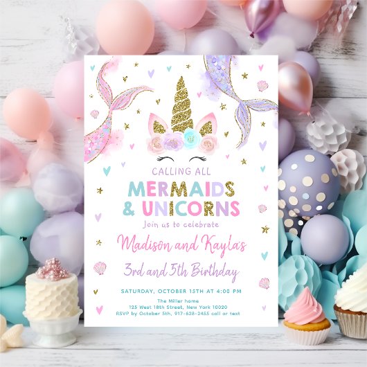 Invitation Pastel Mermaids and Unicorns Birthday