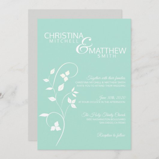 Invitation Pastel Mint Green & Light Grey Vine Mariage (Devant / Derrière)