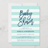 Invitation Pastel Mint & White Stripes Baby shower bleu (Devant)