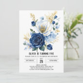 Invitation Pastel Navy Blue Floral Anniversaire (Debout devant)