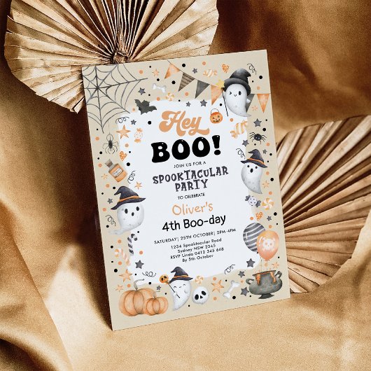 Invitation Pastel Orange Black Halloween Ghost Boy Anniversai