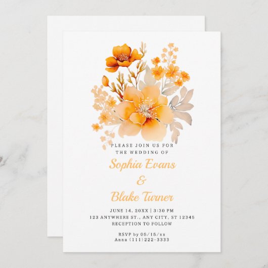 Invitation Pastel Orange Floral Bouquet Fall Orange Mariage (Devant / Derrière)