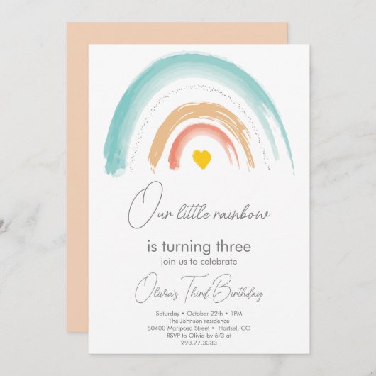 Invitation Pastel Our Little Rainbow Anniversaire fête Beige (Devant / Derrière)