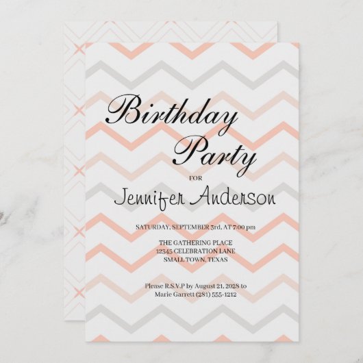 Invitation Pastel Peach et Grey Zig Zag (Devant / Derrière)