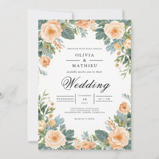 Invitation Pastel Peach Floral Mariage frontalier (Devant)