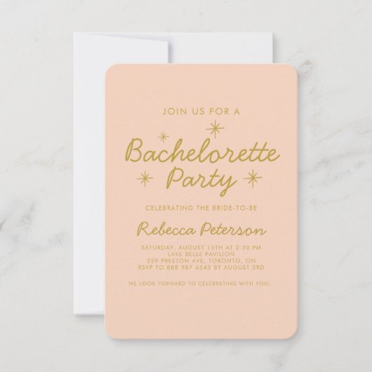 Invitation Pastel Peach Golden Typography Bachelorette Party (Devant)