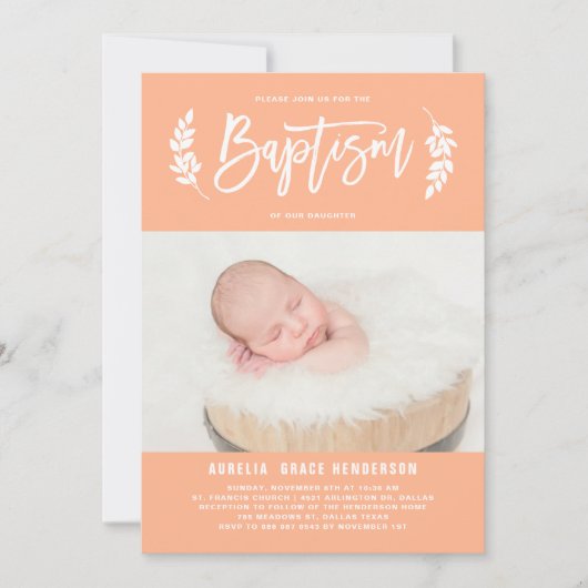 Invitation Pastel Peach Laurel Wreath Baby Photo Baptême (Devant)