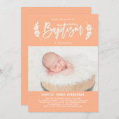 Invitation Pastel Peach Laurel Wreath Baby Photo Baptême (Devant / Derrière)