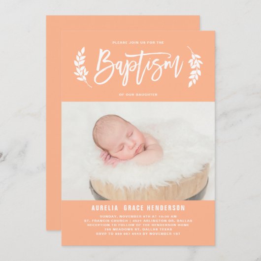 Invitation Pastel Peach Laurel Wreath Baby Photo Baptême (Devant / Derrière)