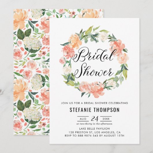 Invitation Pastel Peach Peonies Floral Wreath Fête des mariée (Devant / Derrière)
