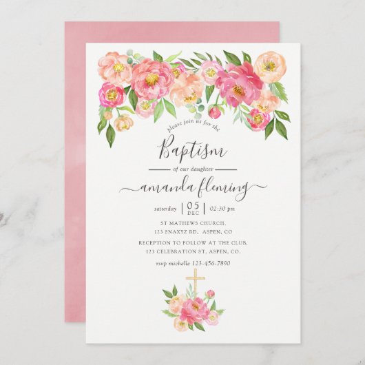 Invitation Pastel Pink Aquarelle Peonies Baptême (Devant / Derrière)