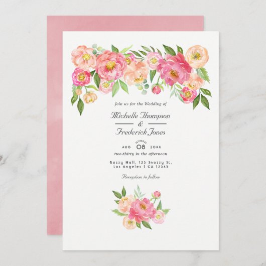 Invitation Pastel Pink Aquarelle Peony QR Code RSVP Mariage (Devant / Derrière)
