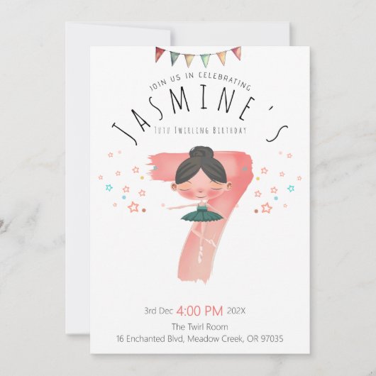 Invitation Pastel Pink Ballet Girl 7th Birthday (Devant)