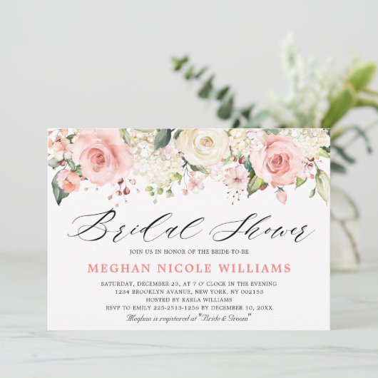 Invitation Pastel Pink Blush Rose Fête des mariées florale (Debout devant)