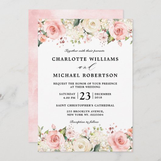 Invitation Pastel Pink Blush Rose Floral Mariage botanique (Devant / Derrière)