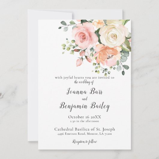 Invitation Pastel Pink Blush Rose Floral Mariage botanique (Devant)