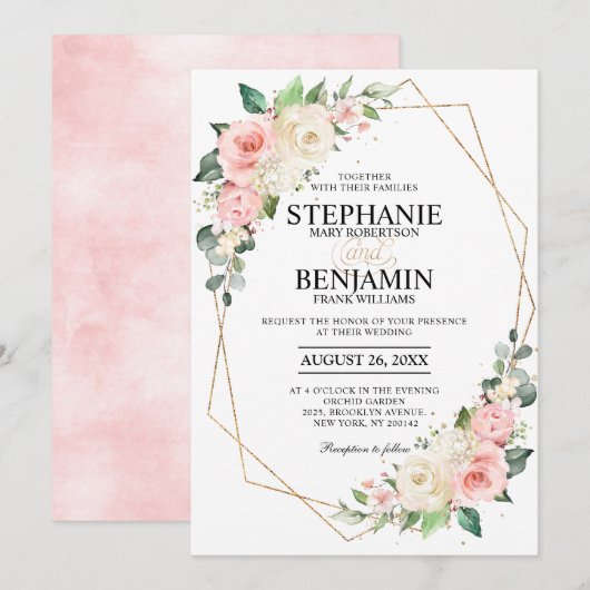 Invitation Pastel Pink Blush Rose Floral Mariage géométrique (Devant / Derrière)