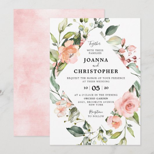Invitation Pastel Pink Blush Rose Floral Mariage géométrique (Devant / Derrière)