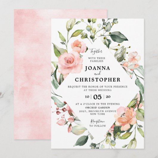 Invitation Pastel Pink Blush Rose Floral Mariage géométrique (Devant / Derrière)