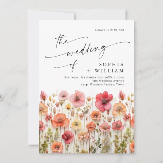 Invitation Pastel Pink Boho Fleur sauvage code QR Mariage (Devant)