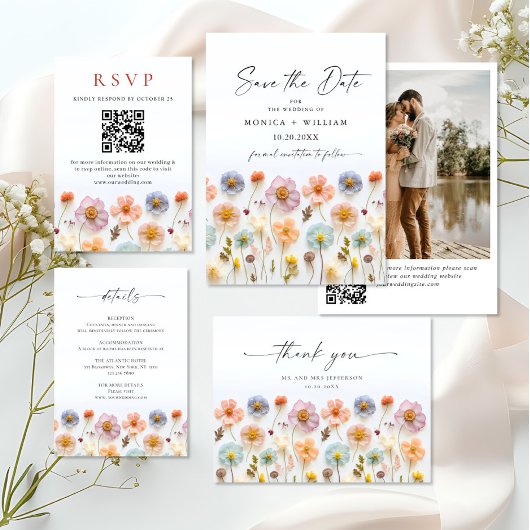 Invitation Pastel Pink Boho Fleur sauvage code QR Mariage