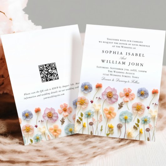 Invitation Pastel Pink Boho Fleur sauvage code QR Mariage
