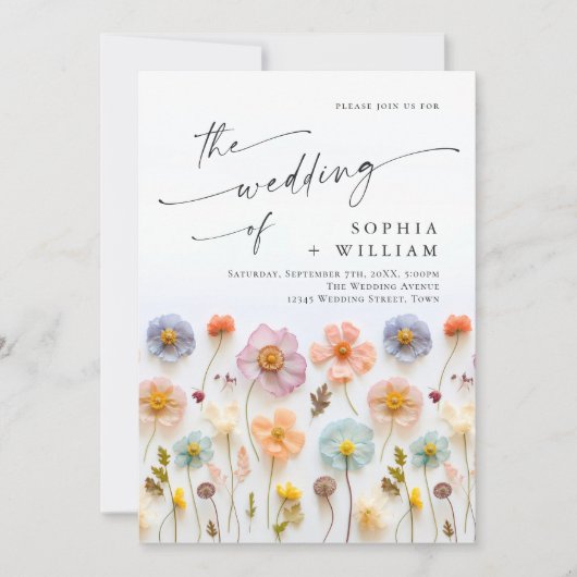 Invitation Pastel Pink Boho Fleur sauvage code QR Mariage (Devant)