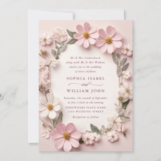 Invitation Pastel Pink Boho Fleur sauvage code QR Mariage Pho (Devant)