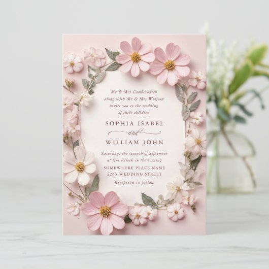 Invitation Pastel Pink Boho Fleur sauvage code QR Mariage Pho (Debout devant)